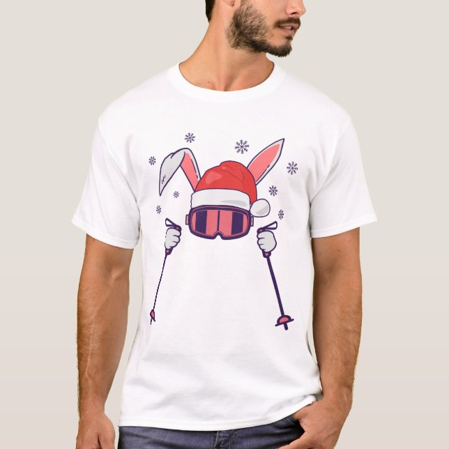 T-shirt Ski Père Noël Rabbit avec Santa Hat et bâtons de s (Devant)