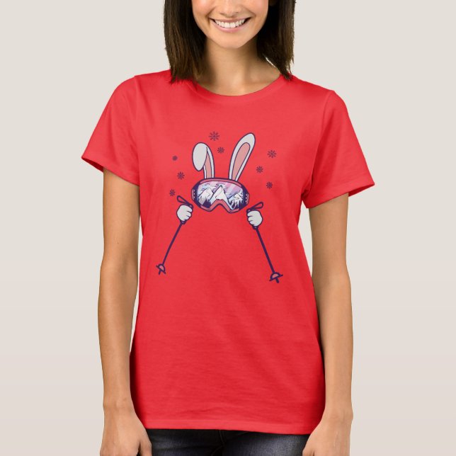 T-shirt Ski Rabbit avec bâtons de ski et lunettes de ski (Devant)