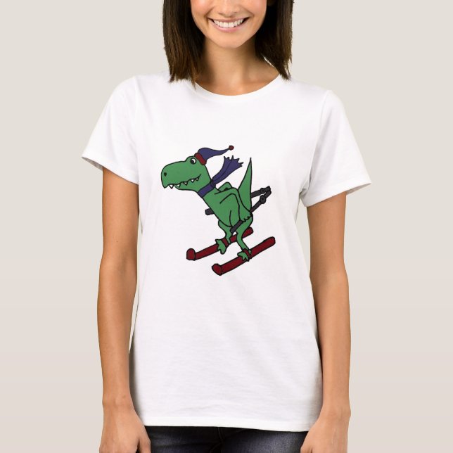 T-shirt Ski vert drôle de dinosaure de Trex (Devant)