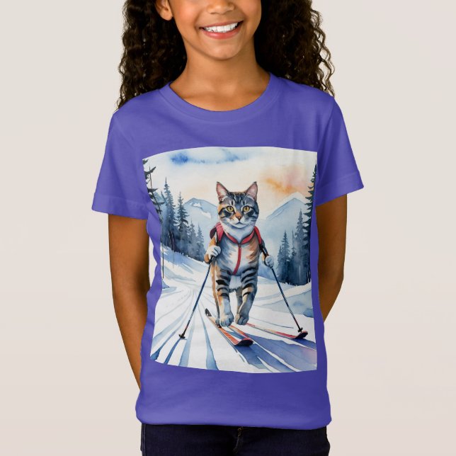 T-Shirt Skier cool Chat Kitten Fun Aquarelle (Devant)