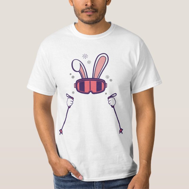 T-shirt Skiing Rabbit with Ski Poles and Ski Goggles Easte (Devant)
