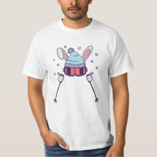T-shirt Skiing Rabbit with ski poles ski goggles ski cap