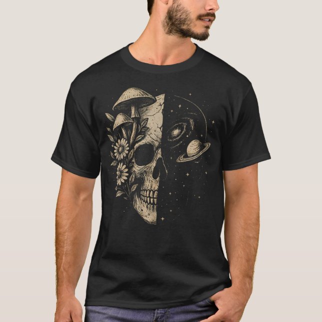 T-shirt Skull Galaxy Mushroom Flowers Cosmos Aesthetic Spi (Devant)