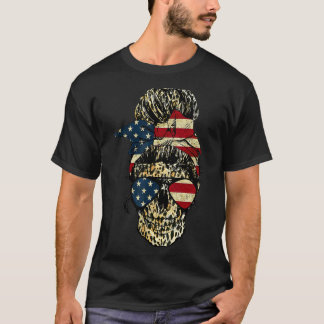 T-shirt Skull Messy Bun Empreinte de léopard American Flag