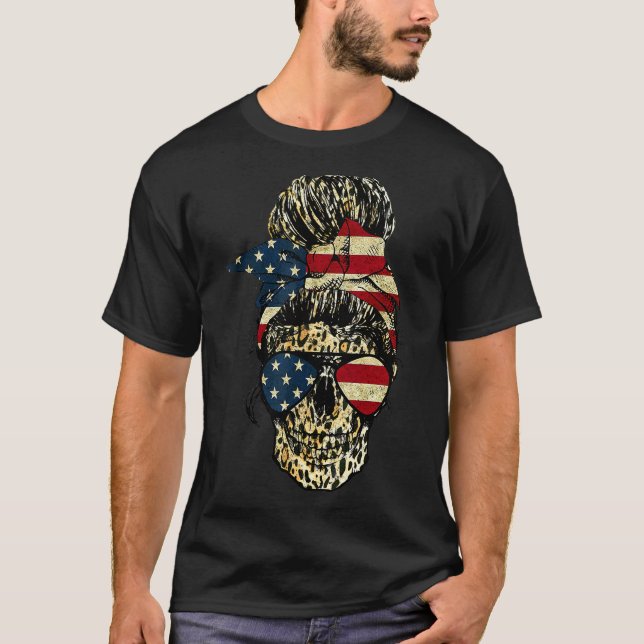 T-shirt Skull Messy Bun Empreinte de léopard American Flag (Devant)