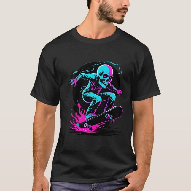T-shirt Skull Neon Skateboard Art - Edgy Skate Design (Devant)