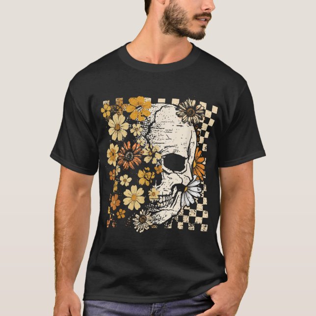 T-shirt Skull Skeleton Floral Fall Autumn Spooky Halloween (Devant)