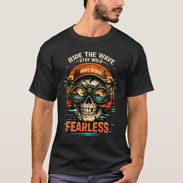 T-Shirt Skull Surf sans peur Design Glitch Rétro (Devant)