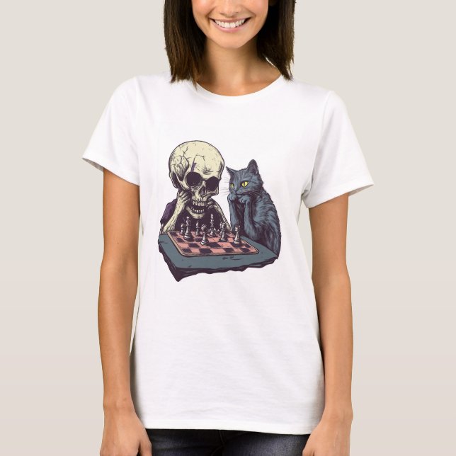 T-shirt Skull vs Cat � Funny Chess Battle (Devant)