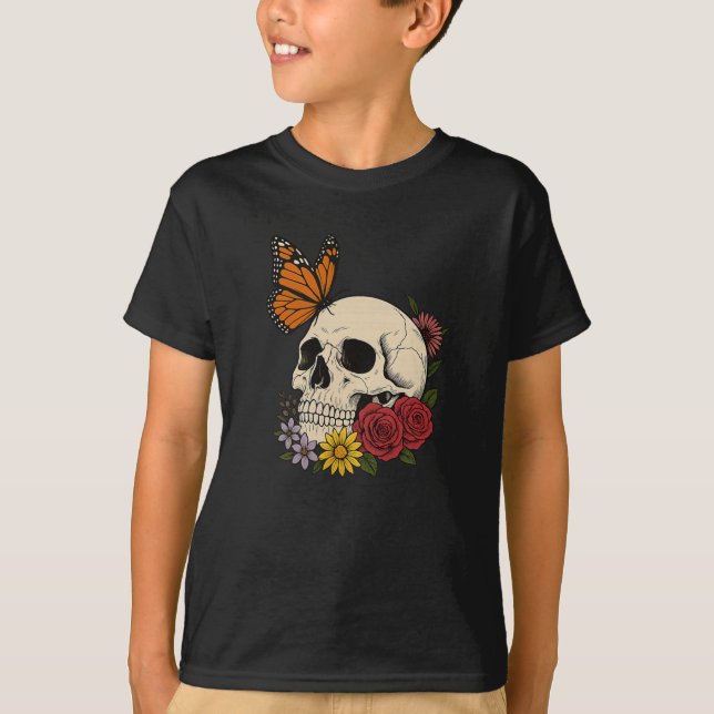 T-shirt Skulls Monarch Butterfly Flowers Halloween Men Wom (Devant)