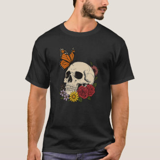 T-shirt Skulls Monarch Butterfly Flowers Halloween Men Wom