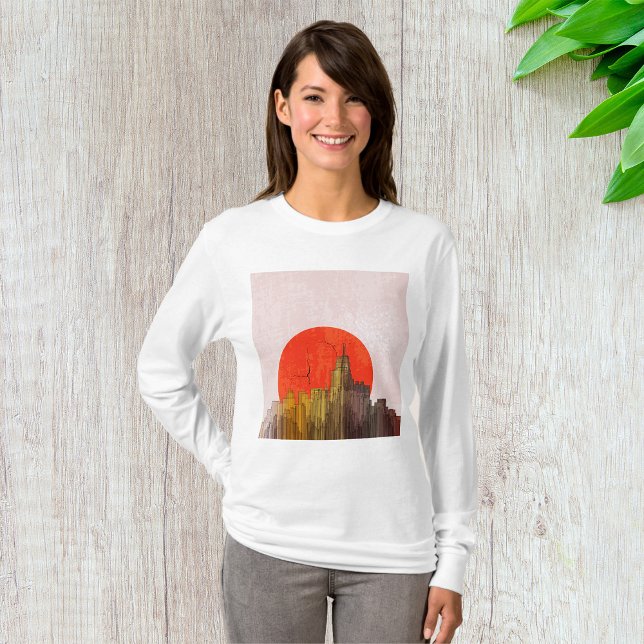 T-shirt Skyline urbain avec Red Sun Grunge Cityscape (Créateur téléchargé)
