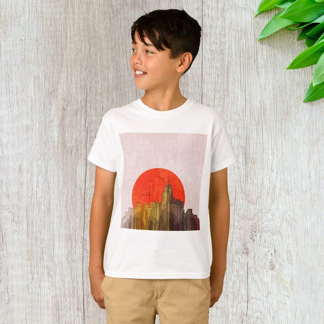 T-shirt Skyline urbain avec Red Sun Grunge Cityscape (Créateur téléchargé)