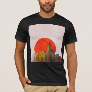 T-shirt Skyline urbain avec Red Sun Grunge Cityscape