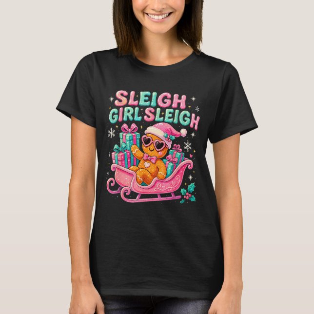 T-shirt Sleigh Girl Cute Gingerbread Christmas Art  (Devant)