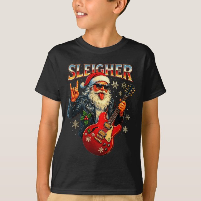 T-shirt Sleigher Rock Santa Funny Metal Christmas Design  (Devant)