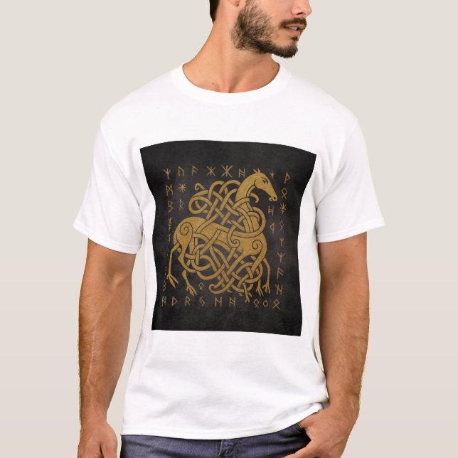 T-shirt Sleipnir, Cheval doré nordique avec symbole de run (Devant)
