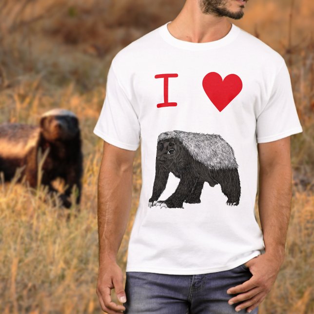 T-shirt slogan I Love Honey Badgers (I love honey badgers Tshirts with badass honey badger illustration and red heart slogan)