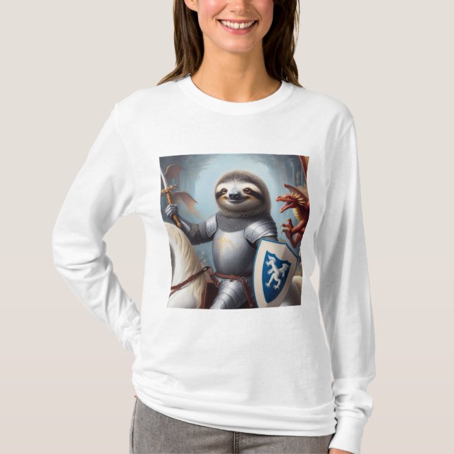 T-shirt Sloth Knight Fighting Dragons (Devant)