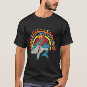T-shirt Sloth Riding Shark Funny Zoo Animal Rainbow Hearts