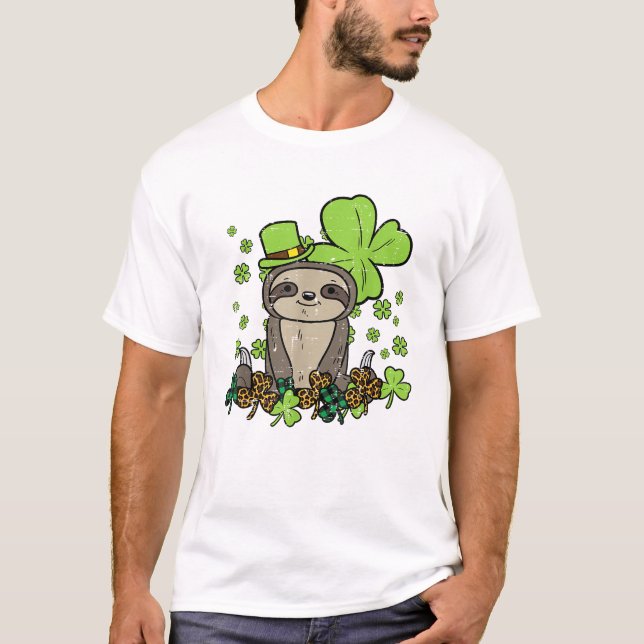 T-shirt Sloth Shamrock Carreau Léopard Saint-Patrick Homme (Devant)