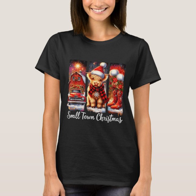 T-shirt Small Town Christmas Highland Cow Western Art  (Devant)
