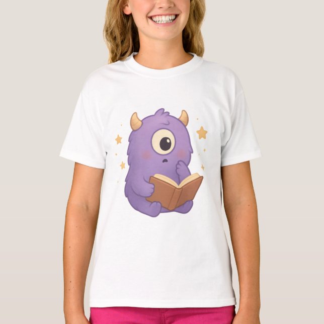 T-shirt Smart Reading Monster — Purple Book Lover Kids Tee (Devant)