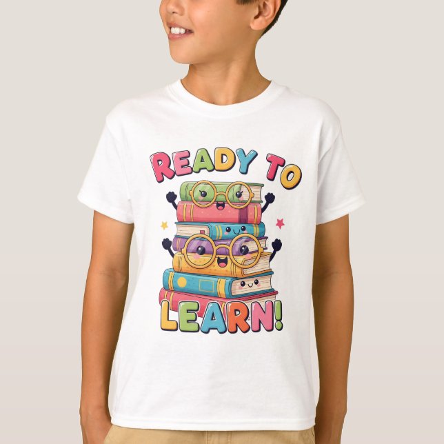 T-shirt Smiling Kawaii Book Stack – Back to School Fun! (Devant)