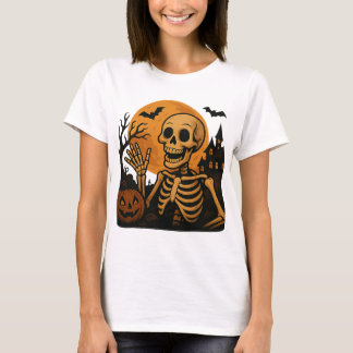 T-shirt Smiling Skeleton with Pumpkin and Full Moon – Spoo
