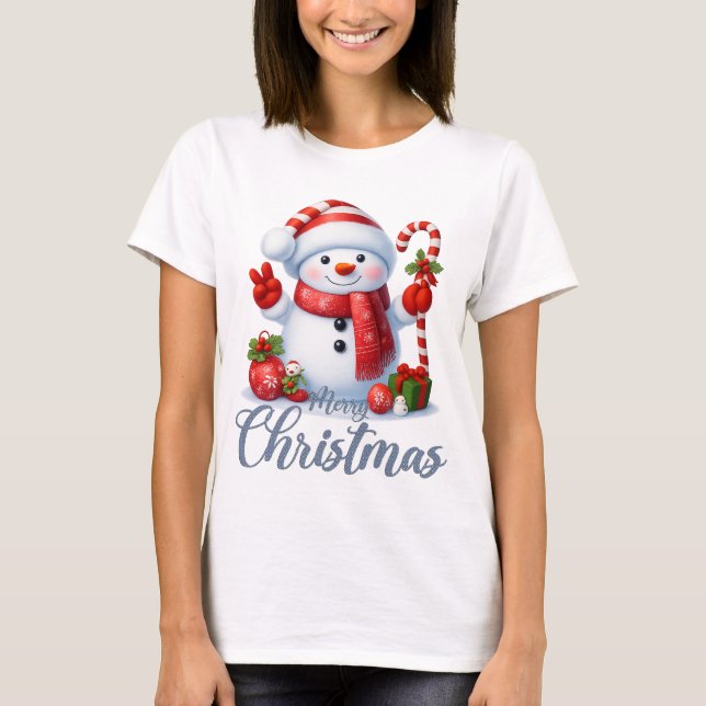 T-shirt Smiling Snowman With Candy Cane Christmas Tee (Devant)