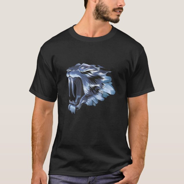 T-shirt Smilodon Sabertooth Tiger Chat Iced Blue (Devant)