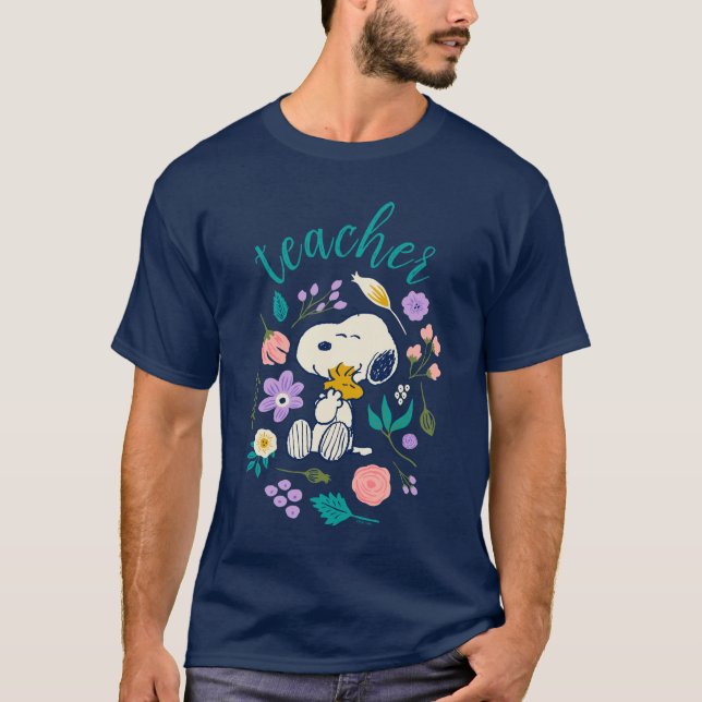 T-shirt Snoopy & Woodstock Flower Hug Teacher (Devant)