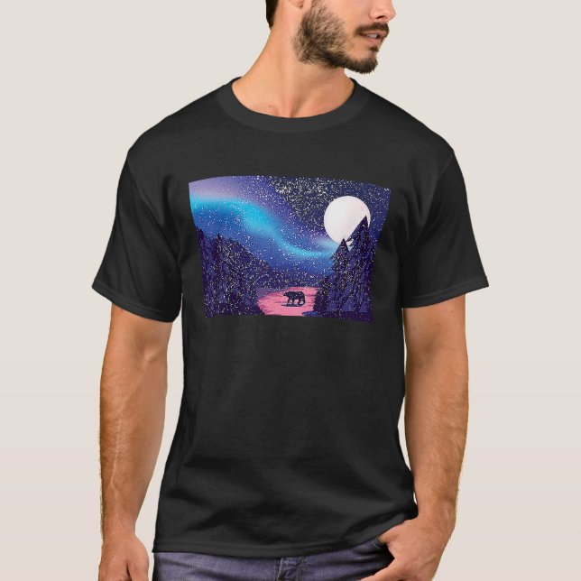 T-shirt Snow Scene Polar Bear Silhouette w Moon and Northe (Devant)