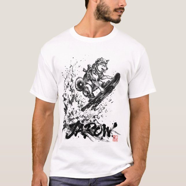 T-shirt Snowboard Brush Art - Snowboarder Dog Huskey (Devant)