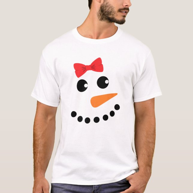 T-shirt Snowgirl Costume Red Bow Girl Snowman Face Matchin (Devant)