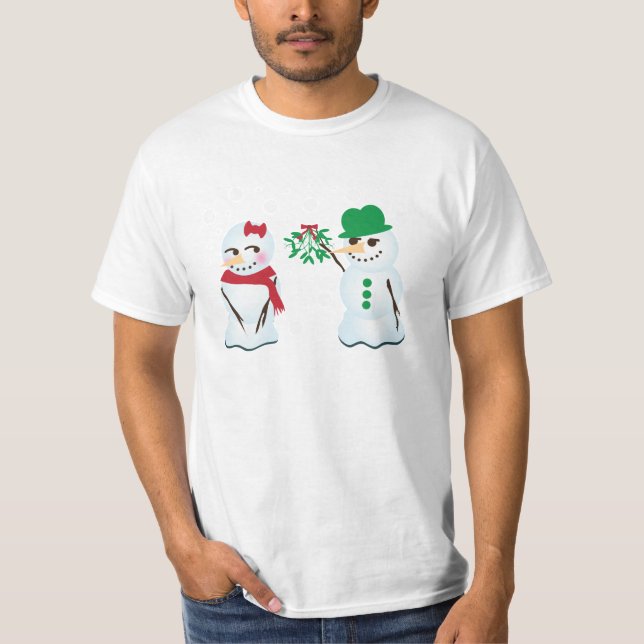 T-shirt Snowman avec Mistletoe à la recherche d'un baiser (Devant)