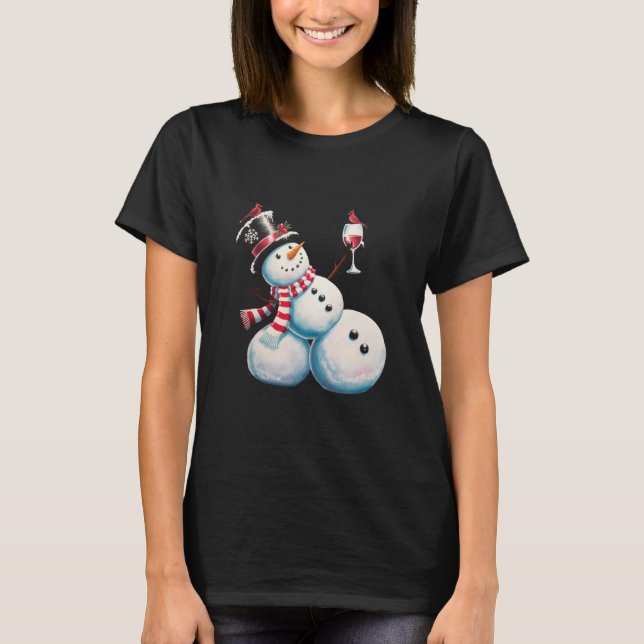 T-shirt Snowman Avec Vin Noël Drôle Noël Cadeau de Noël (Devant)