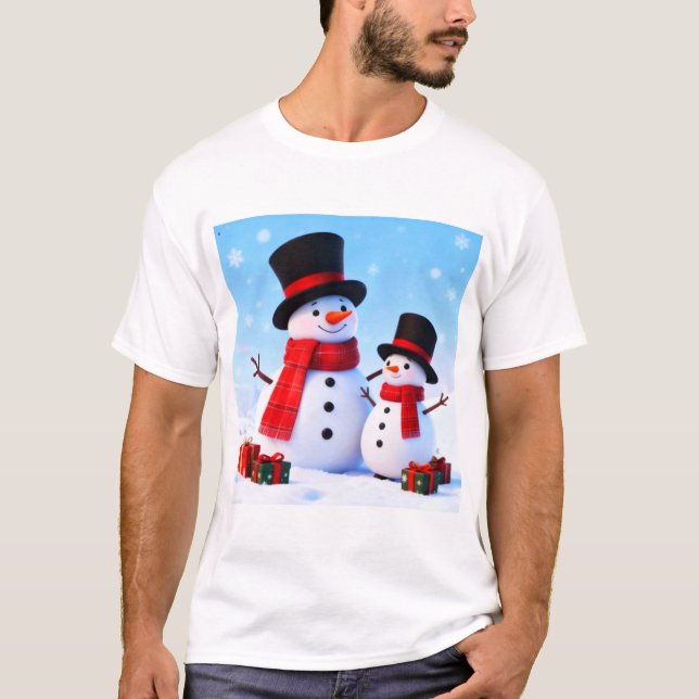 T-shirt Snowman Celebration in the Winter Hills (Devant)