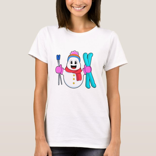 T-shirt Snowman comme skieur avec ski (Devant)