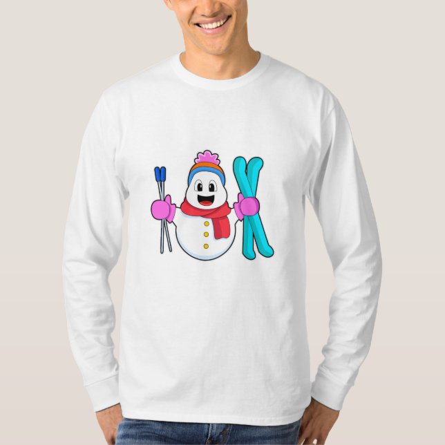 T-shirt Snowman comme skieur avec ski (Devant)