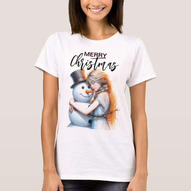 T-shirt Snowman De Noël Et Une Fille (Devant)