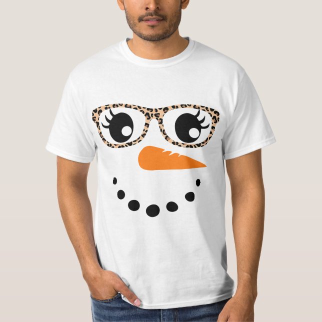 T-shirt Snowman Face Carrot Nose Eyelashes Leopard Glasses (Devant)
