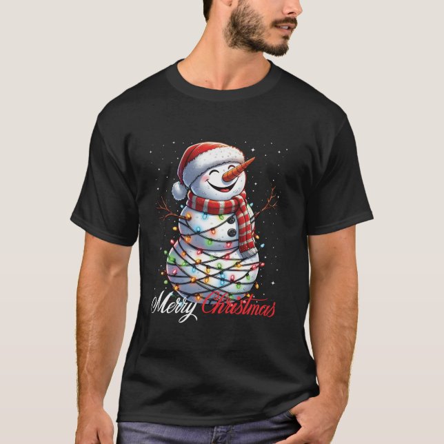 T-shirt Snowman Joyeux Noël Lumières Santa Chapeau Noël Ne (Devant)