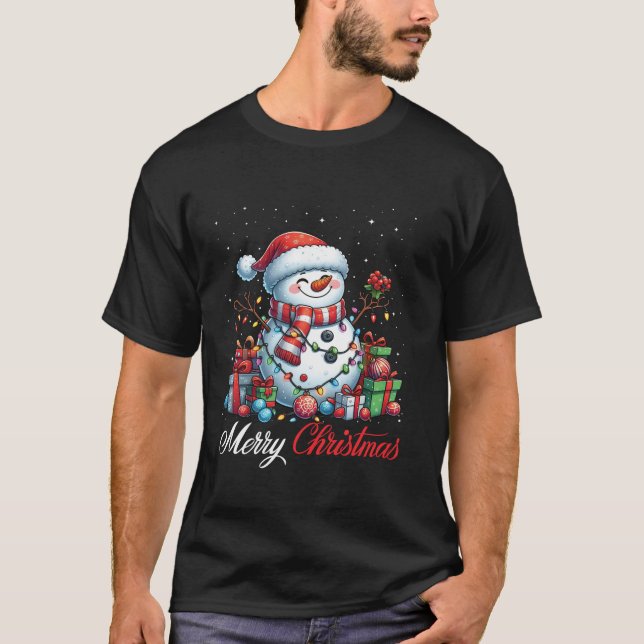 T-shirt Snowman Joyeux Noël Lumières Santa Chapeau Noël Ne (Devant)