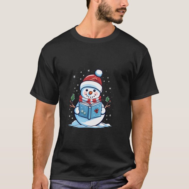 T-shirt Snowman Lecture Livre Noël Long Manche T Chemise (Devant)