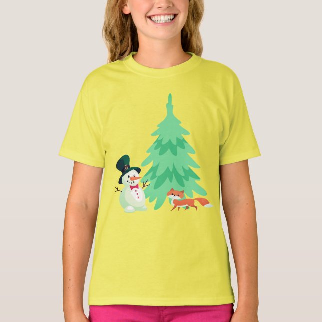 T-shirt Snowman mignon, Fox Winter KIds sapin de Noël (Devant)