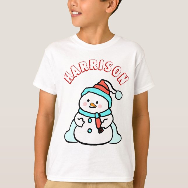 T-shirt Snowman Nom personnalisé Garçons Noël blanc (Devant)