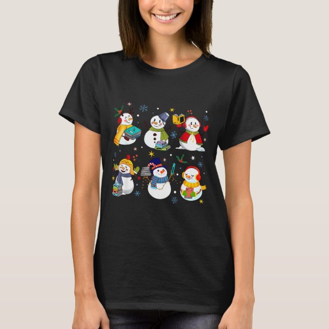 T-shirt Snowman Reading Books Teacher Christmas Librarian  (Devant)