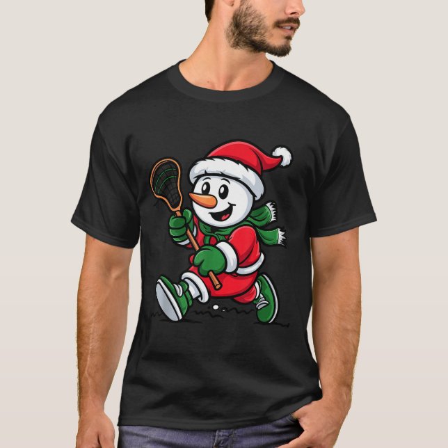 T-shirt Snowman Santa Hat Playing Lacrosse Christmas Playe (Devant)
