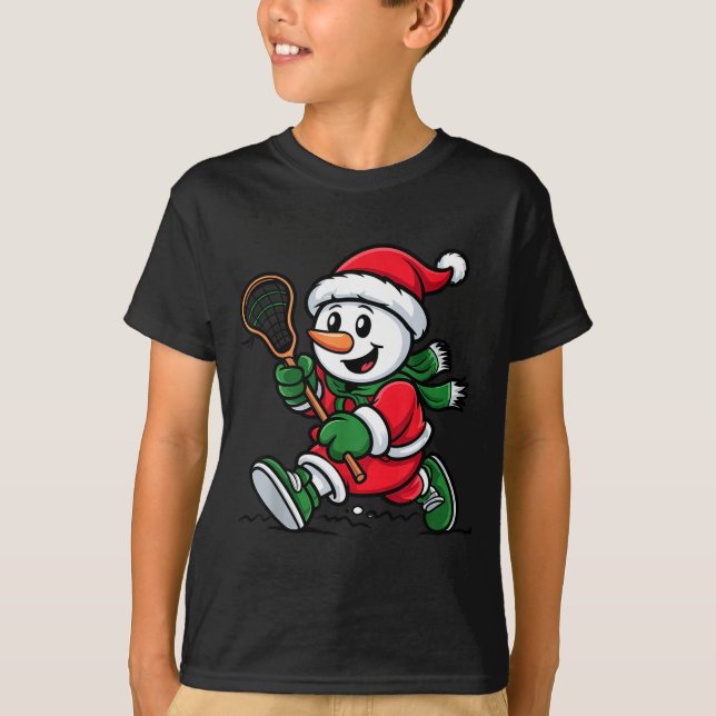T-shirt Snowman Santa Hat Playing Lacrosse Christmas Playe (Devant)